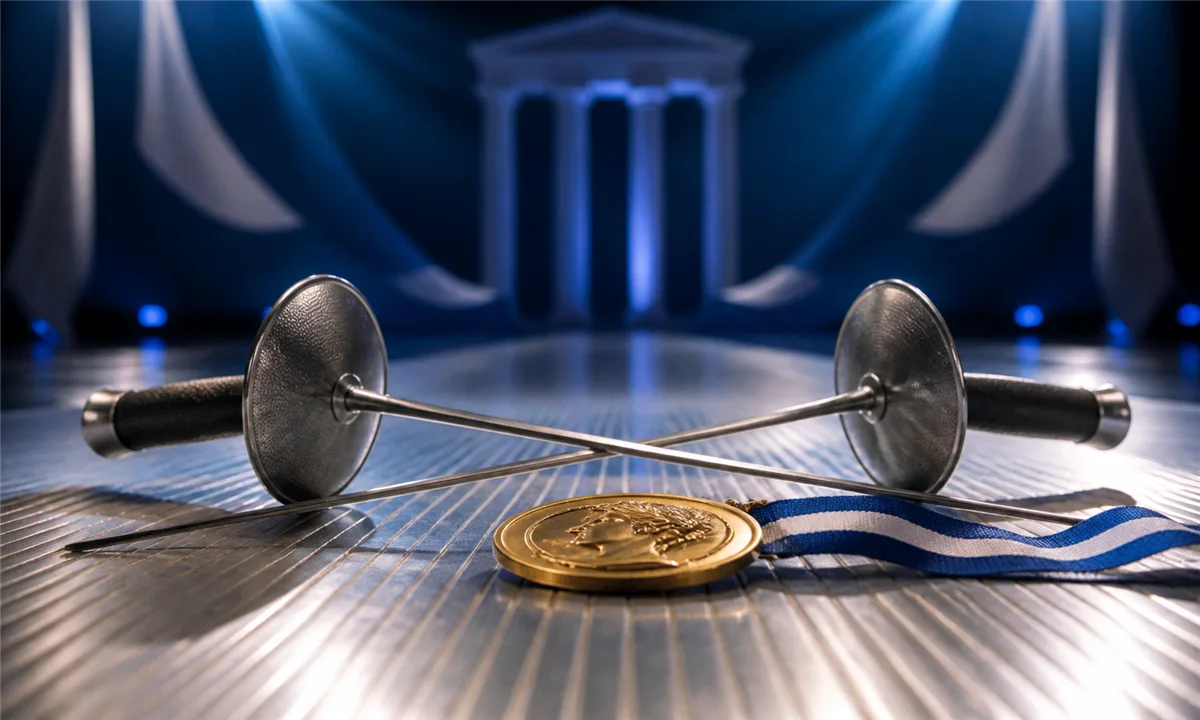 Διασταυρωμένα ξίφη και χρυσό μετάλλιο σε πίστα ξιφασκίας αποτυπώνουν την επιτυχία της Κατερίνας Κοντοχριστοπούλου — Πηγή: Sportime.gr