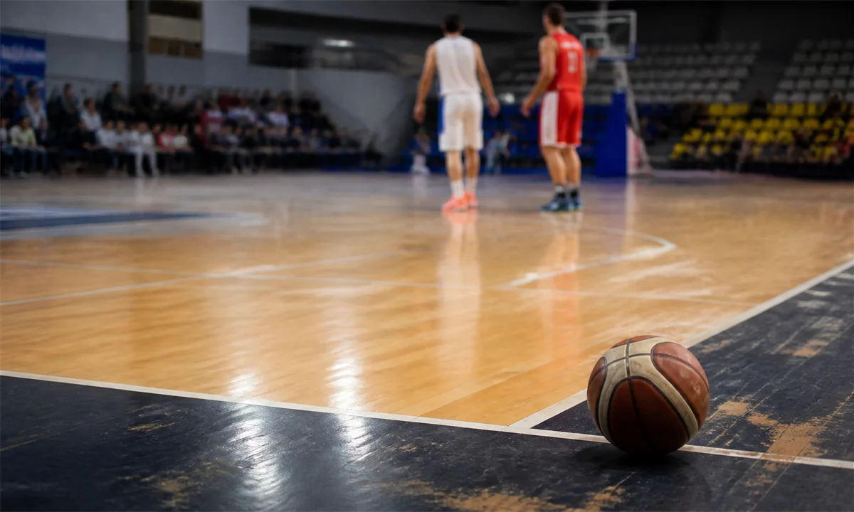 Κλειστό γήπεδο μπάσκετ με μπάλα στην πλάγια γραμμή και δύο μακρινούς, μη αναγνωρίσιμους παίκτες σε φυσική αγωνιστική κίνηση – Πηγή: Sportime.gr