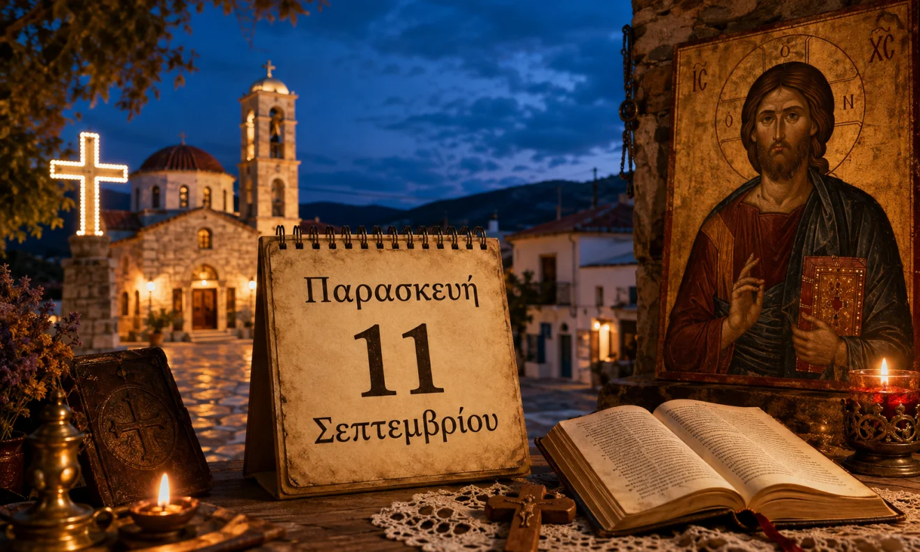 Εκκλησιαστικό ημερολόγιο με σταυρό, κερί και διαφορετικό ουράνιο φόντο για το εορτολόγιο της 11 Σεπτεμβρίου, Πηγή: Sportime.gr