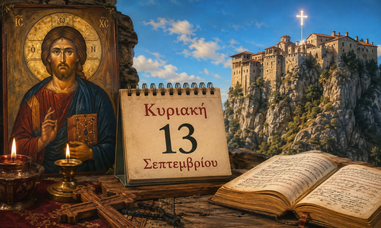 Εκκλησιαστικό ημερολόγιο με σταυρό, κερί και διαφορετικό ουράνιο φόντο για το εορτολόγιο της 13 Σεπτεμβρίου, Πηγή: Sportime.gr