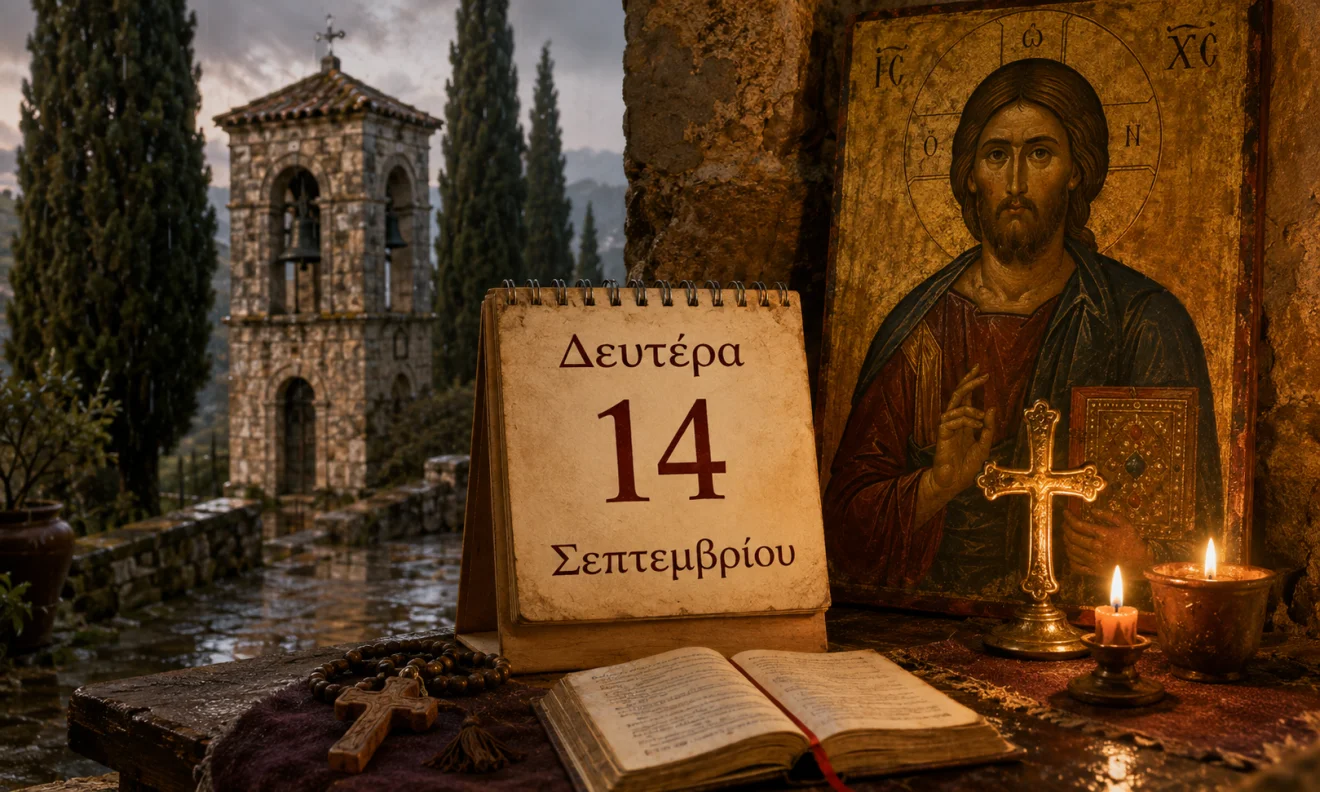 Εκκλησιαστικό ημερολόγιο με σταυρό, κερί και διαφορετικό ουράνιο φόντο για το εορτολόγιο της 14 Σεπτεμβρίου, Πηγή: Sportime.gr