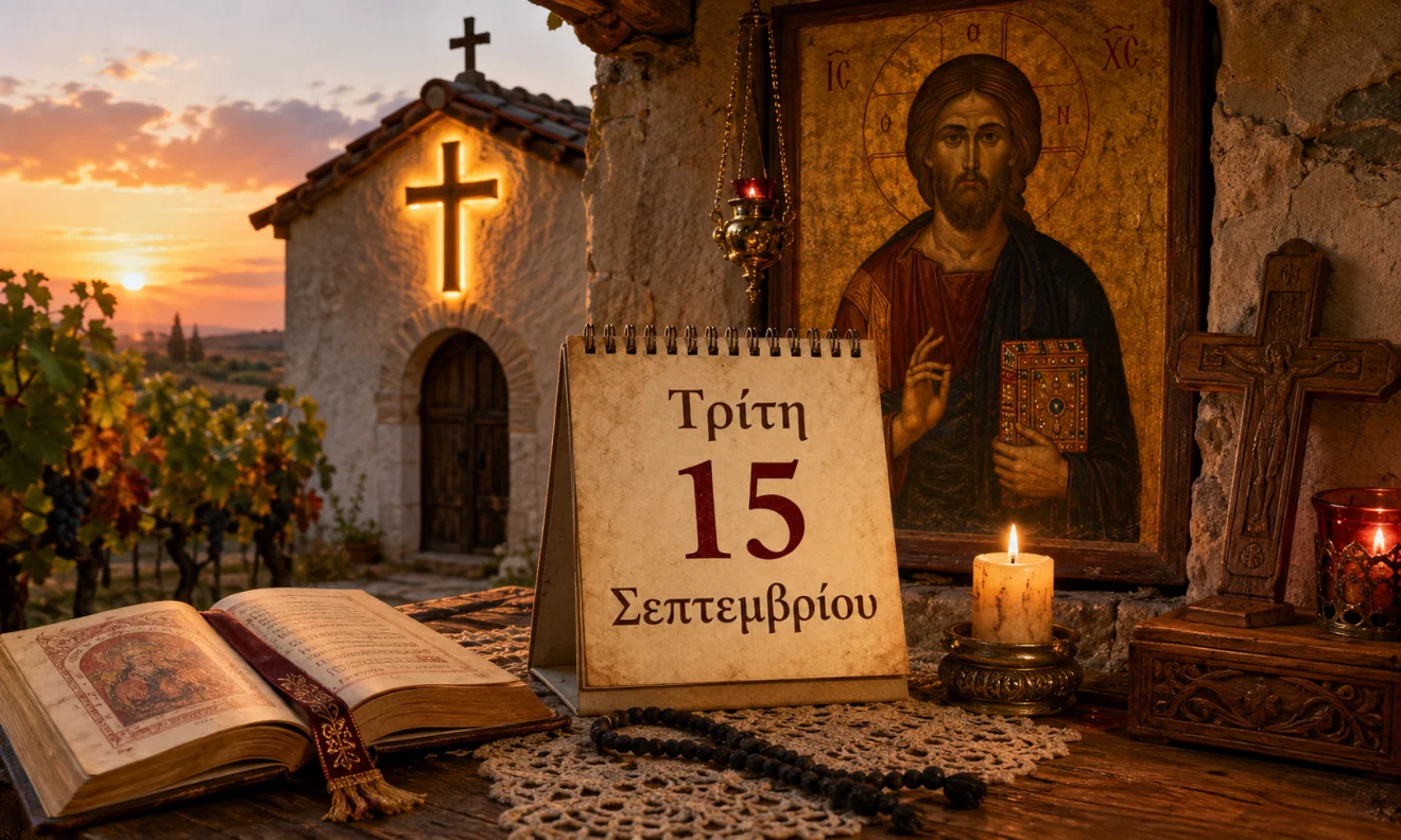 Εκκλησιαστικό ημερολόγιο με σταυρό, κερί και διαφορετικό ουράνιο φόντο για το εορτολόγιο της 15 Σεπτεμβρίου, Πηγή: Sportime.gr