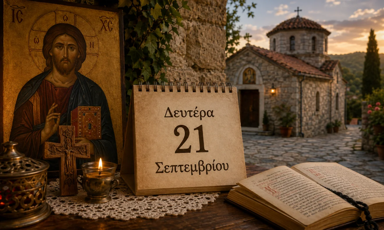 Εκκλησιαστικό ημερολόγιο με σταυρό, κερί και διαφορετικό ουράνιο φόντο για το εορτολόγιο της 21 Σεπτεμβρίου, Πηγή: Sportime.gr