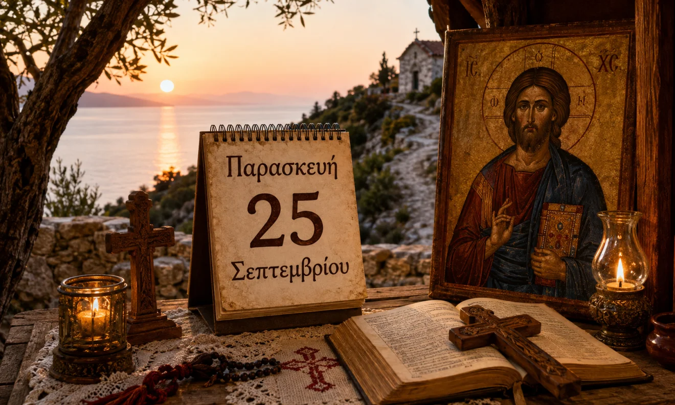 Εκκλησιαστικό ημερολόγιο με σταυρό, κερί και διαφορετικό ουράνιο φόντο για το εορτολόγιο της 25 Σεπτεμβρίου, Πηγή: Sportime.gr