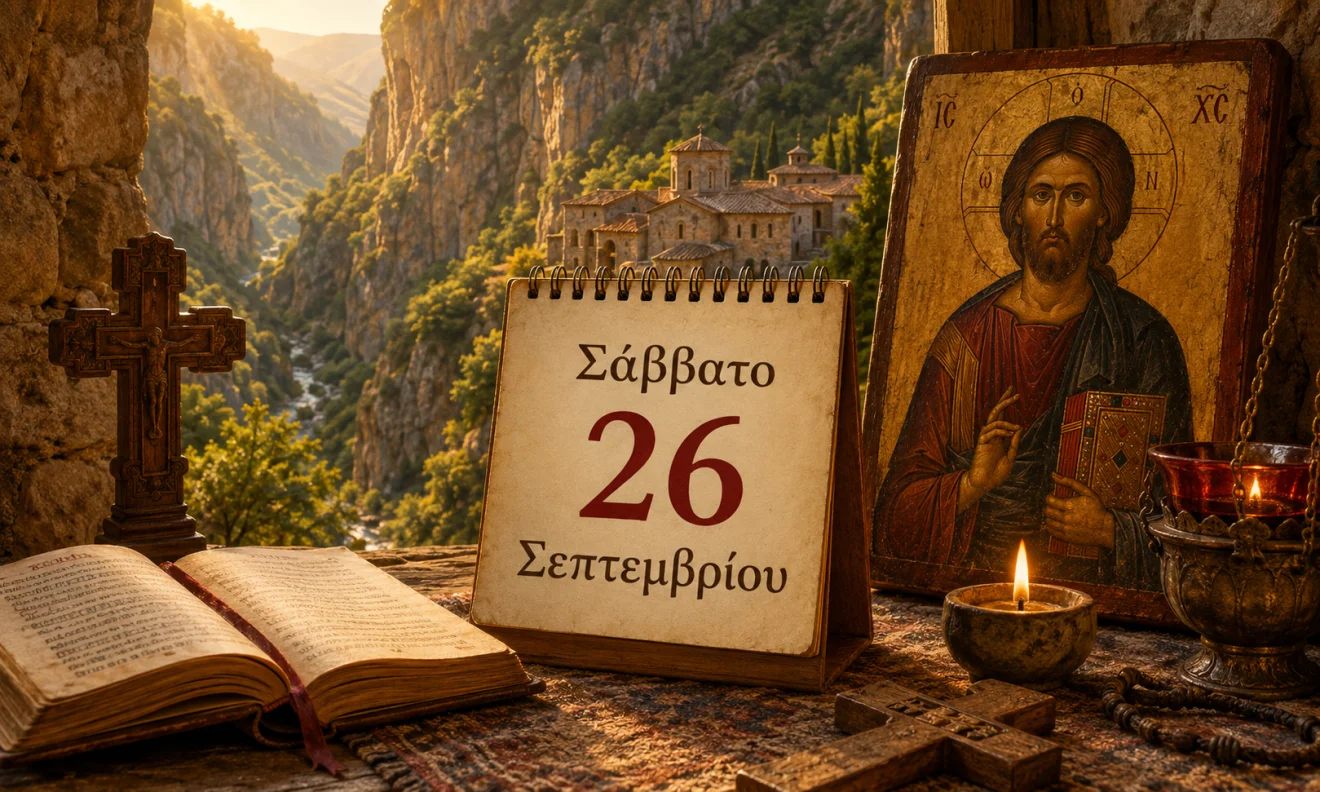 Εκκλησιαστικό ημερολόγιο με σταυρό, κερί και διαφορετικό ουράνιο φόντο για το εορτολόγιο της 26 Σεπτεμβρίου, Πηγή: Sportime.gr