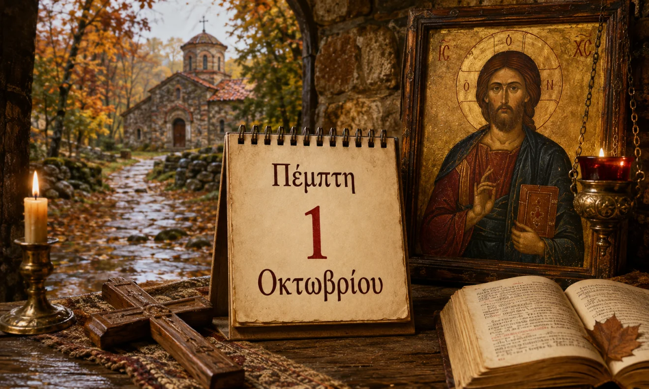Εκκλησιαστικό ημερολόγιο με σταυρό, κερί και διαφορετικό ουράνιο φόντο για το εορτολόγιο της 2 Οκτωβρίου, Πηγή: Sportime.gr