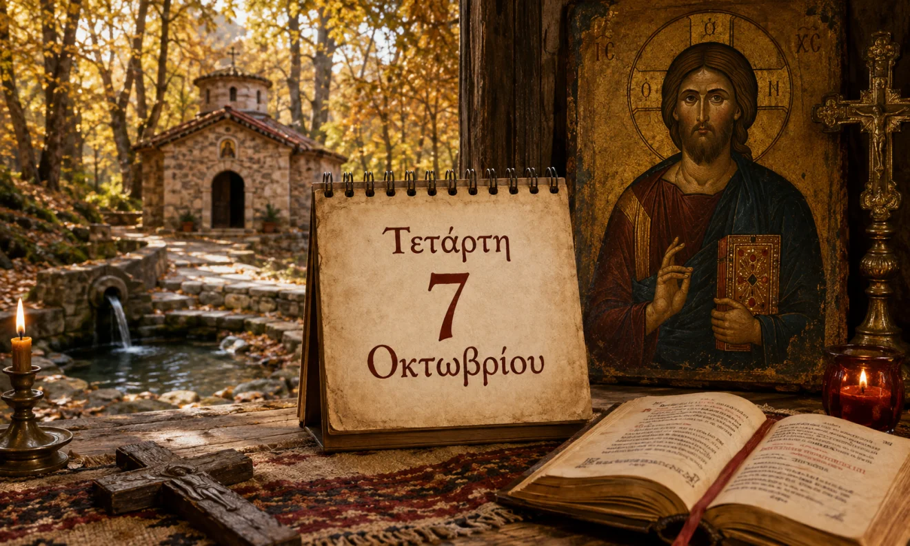 Εκκλησιαστικό ημερολόγιο με σταυρό, κερί και διαφορετικό ουράνιο φόντο για το εορτολόγιο της 7 Οκτωβρίου, Πηγή: Sportime.gr