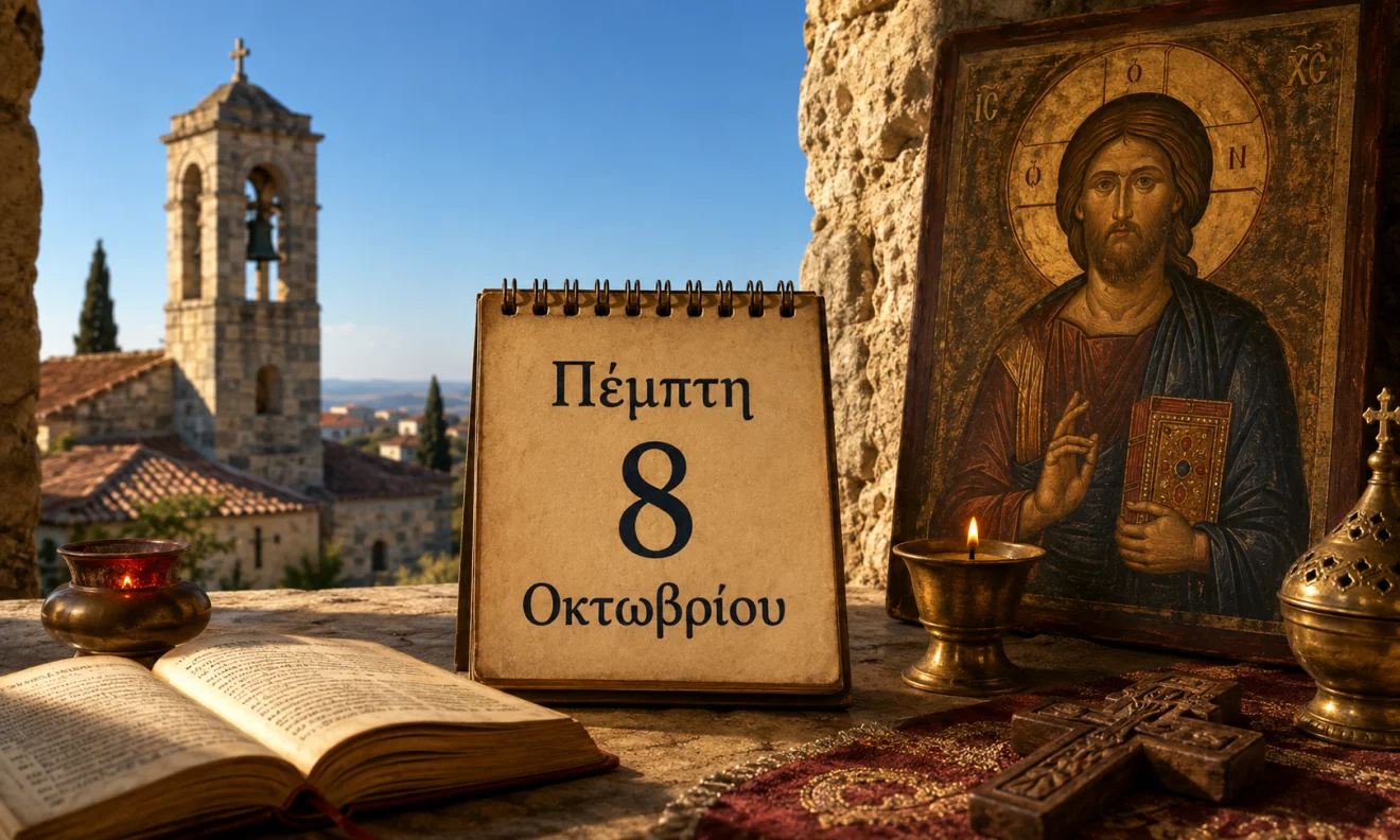 Εκκλησιαστικό ημερολόγιο με σταυρό, κερί και διαφορετικό ουράνιο φόντο για το εορτολόγιο της 8 Οκτωβρίου, Πηγή: Sportime.gr