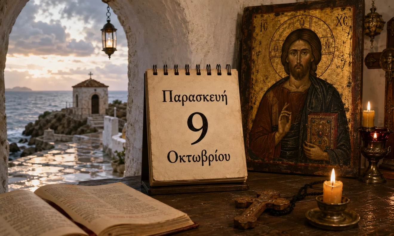 Εκκλησιαστικό ημερολόγιο με σταυρό, κερί και διαφορετικό ουράνιο φόντο για το εορτολόγιο της 9 Οκτωβρίου, Πηγή: Sportime.gr