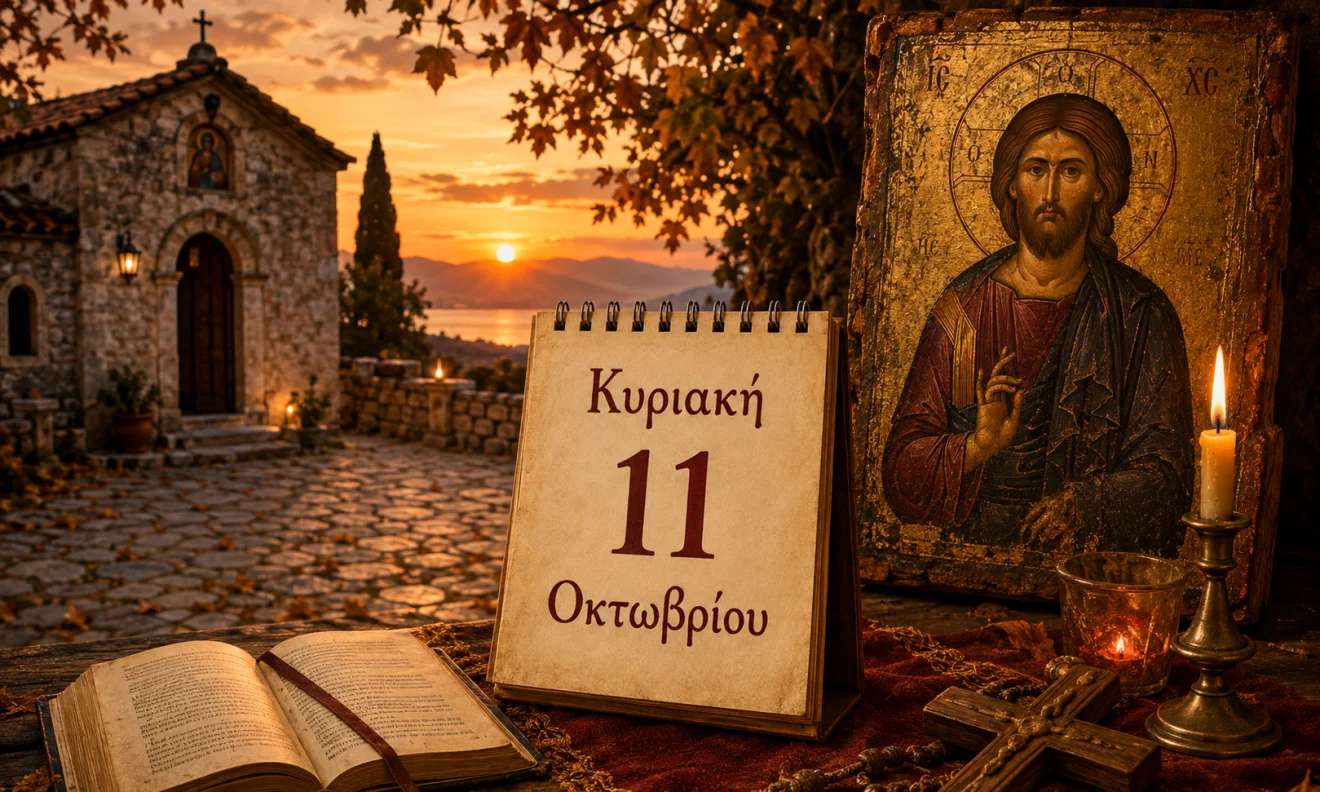 Εκκλησιαστικό ημερολόγιο με σταυρό, κερί και διαφορετικό ουράνιο φόντο για το εορτολόγιο της 11 Οκτωβρίου, Πηγή: Sportime.gr