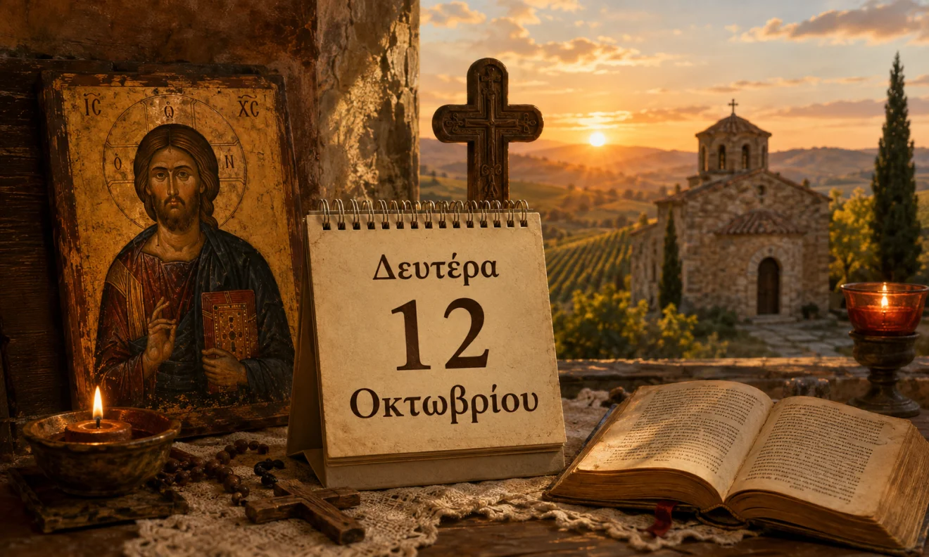 Εκκλησιαστικό ημερολόγιο με σταυρό, κερί και διαφορετικό ουράνιο φόντο για το εορτολόγιο της 12 Οκτωβρίου, Πηγή: Sportime.gr