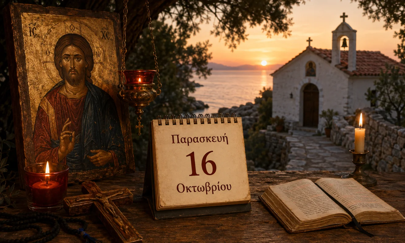 Εκκλησιαστικό ημερολόγιο με σταυρό, κερί και διαφορετικό ουράνιο φόντο για το εορτολόγιο της 15 Οκτωβρίου, Πηγή: Sportime.gr