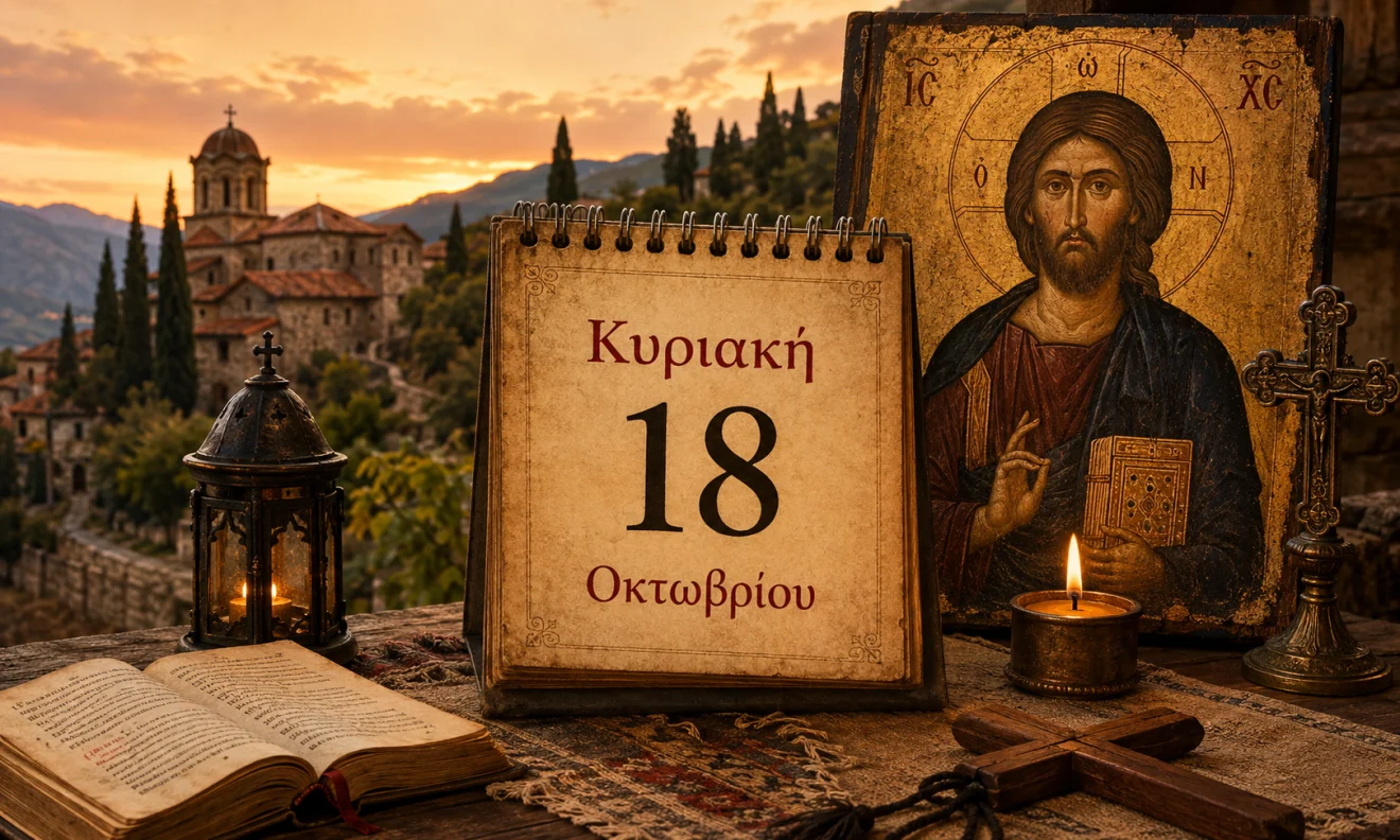 Εκκλησιαστικό ημερολόγιο με σταυρό, κερί και διαφορετικό ουράνιο φόντο για το εορτολόγιο της 18 Οκτωβρίου, Πηγή: Sportime.gr
