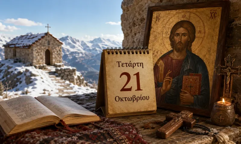 Εκκλησιαστικό ημερολόγιο με σταυρό, κερί και διαφορετικό ουράνιο φόντο για το εορτολόγιο της 21 Οκτωβρίου, Πηγή: Sportime.gr