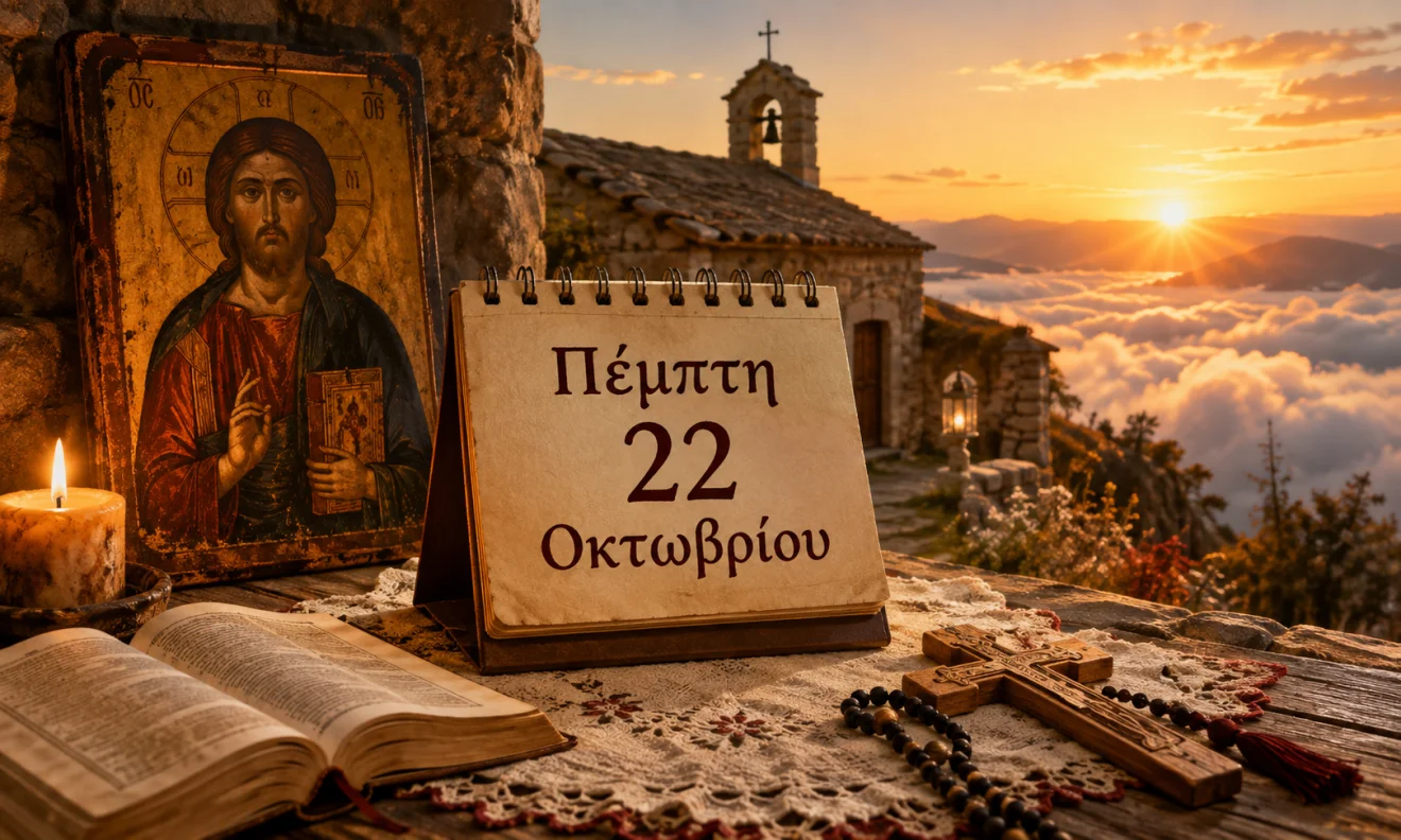 Εκκλησιαστικό ημερολόγιο με σταυρό, κερί και διαφορετικό ουράνιο φόντο για το εορτολόγιο της 22 Οκτωβρίου, Πηγή: Sportime.gr