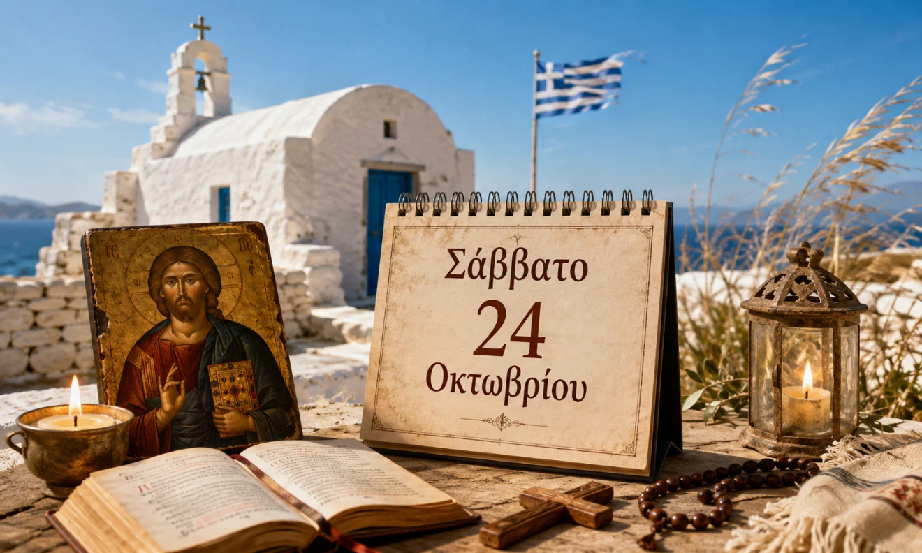 Εκκλησιαστικό ημερολόγιο με σταυρό, κερί και διαφορετικό ουράνιο φόντο για το εορτολόγιο της 24 Οκτωβρίου, Πηγή: Sportime.gr