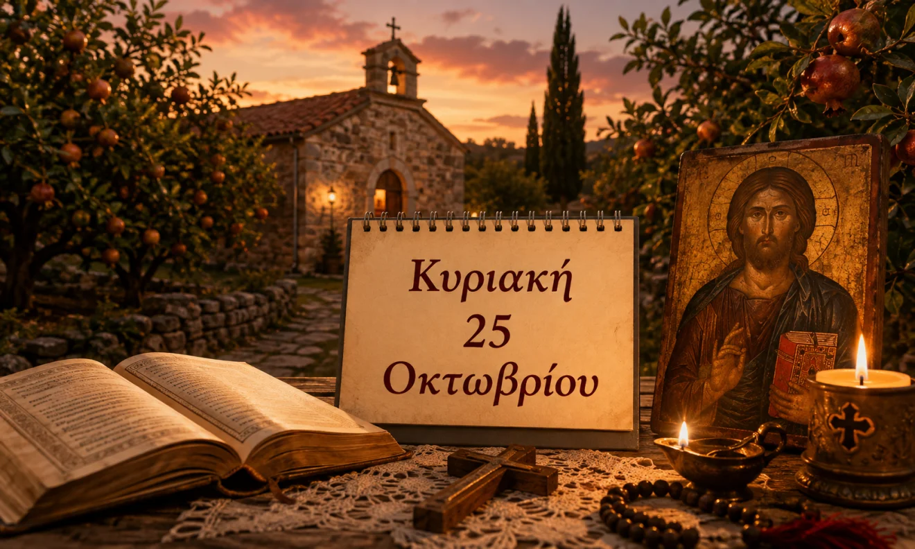 Εκκλησιαστικό ημερολόγιο με σταυρό, κερί και διαφορετικό ουράνιο φόντο για το εορτολόγιο της 25 Οκτωβρίου, Πηγή: Sportime.gr