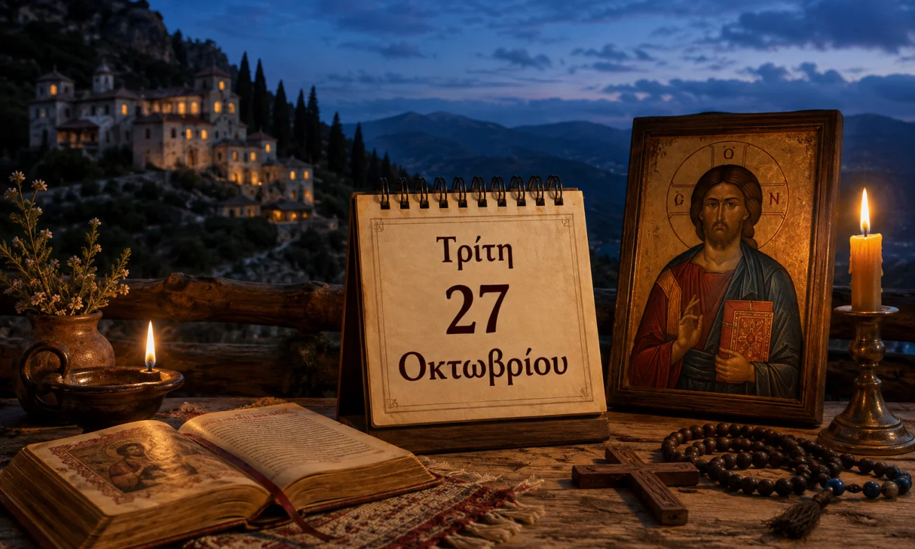 Εκκλησιαστικό ημερολόγιο με σταυρό, κερί και διαφορετικό ουράνιο φόντο για το εορτολόγιο της 27 Οκτωβρίου, Πηγή: Sportime.gr