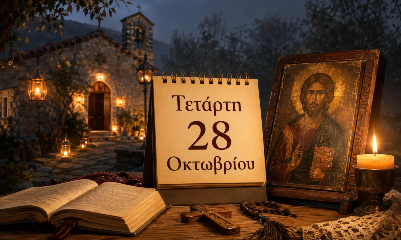Εκκλησιαστικό ημερολόγιο με σταυρό, κερί και διαφορετικό ουράνιο φόντο για το εορτολόγιο της 28 Οκτωβρίου, Πηγή: Sportime.gr