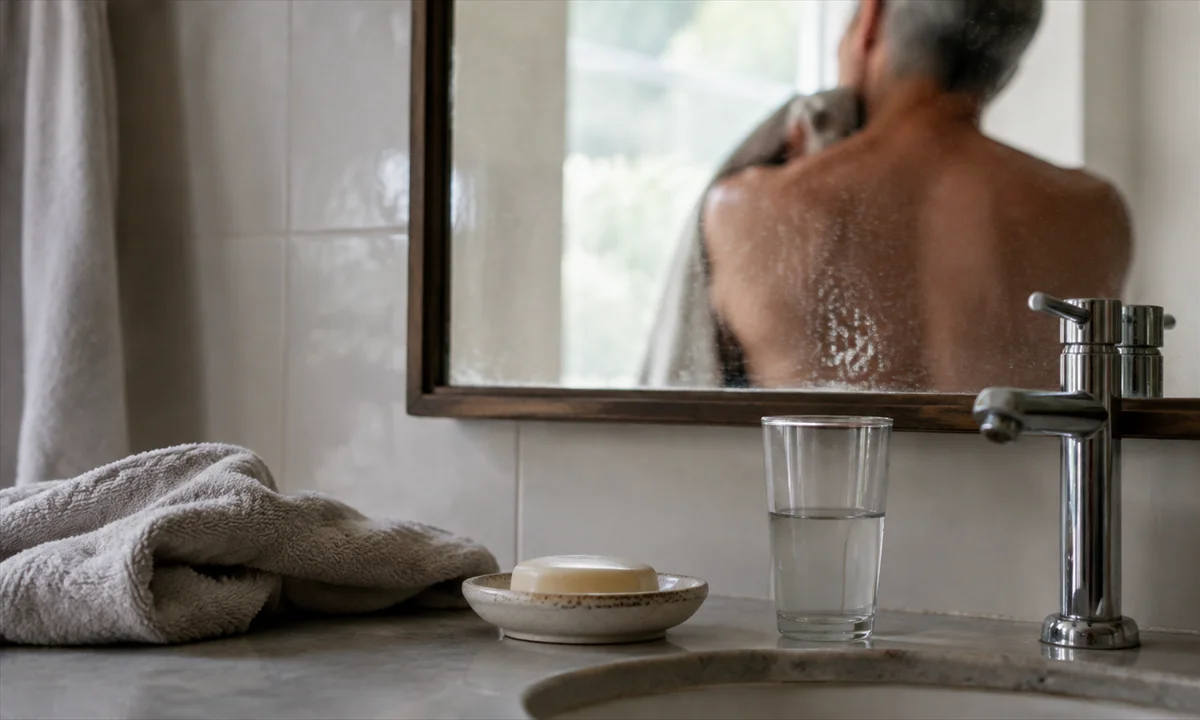 Άνθρωπος σε φυσικό μπάνιο μπροστά σε καθρέφτη με προϊόντα προσωπικής φροντίδας / Εικόνα: AI