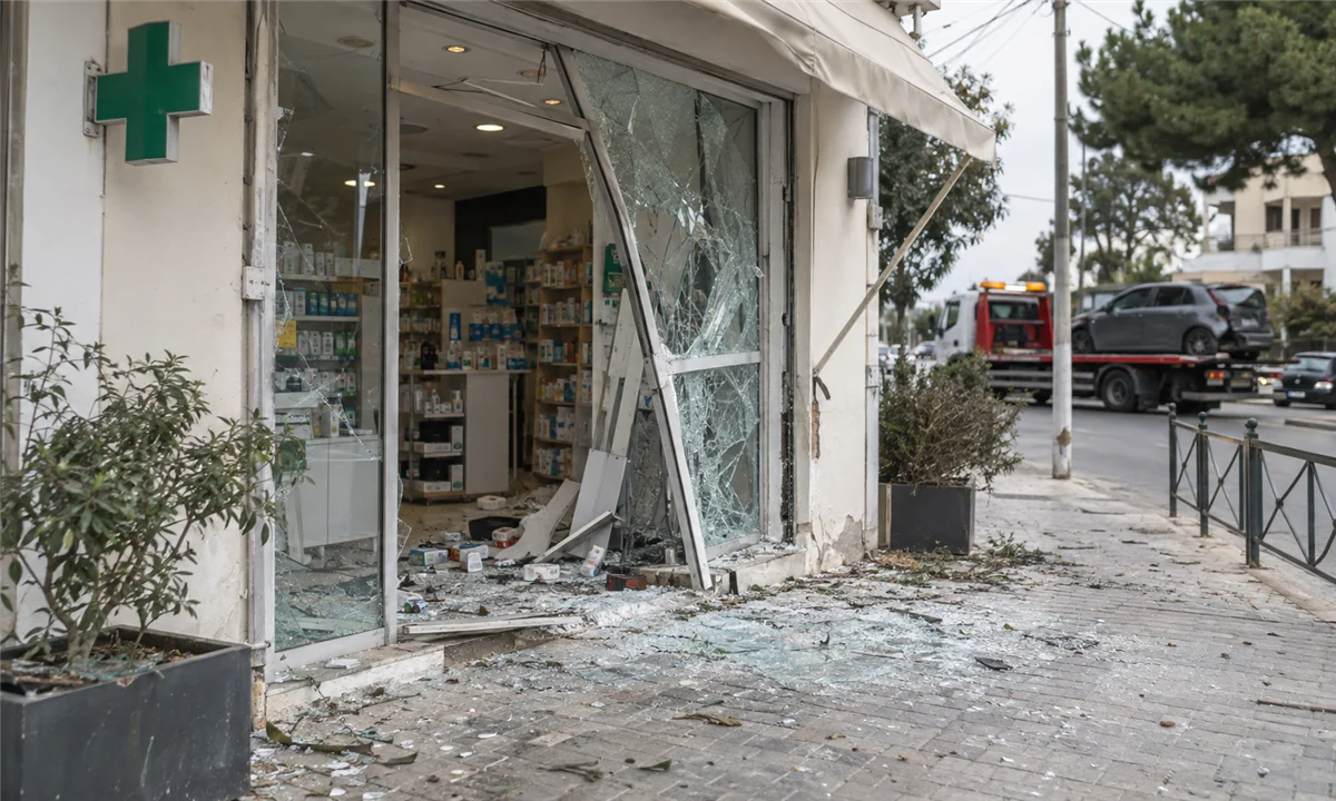 ΙΧ αυτοκίνητο μέσα σε φαρμακείο στη Νέα Μάκρη μετά τη σύγκρουση / Φωτογραφία: AI