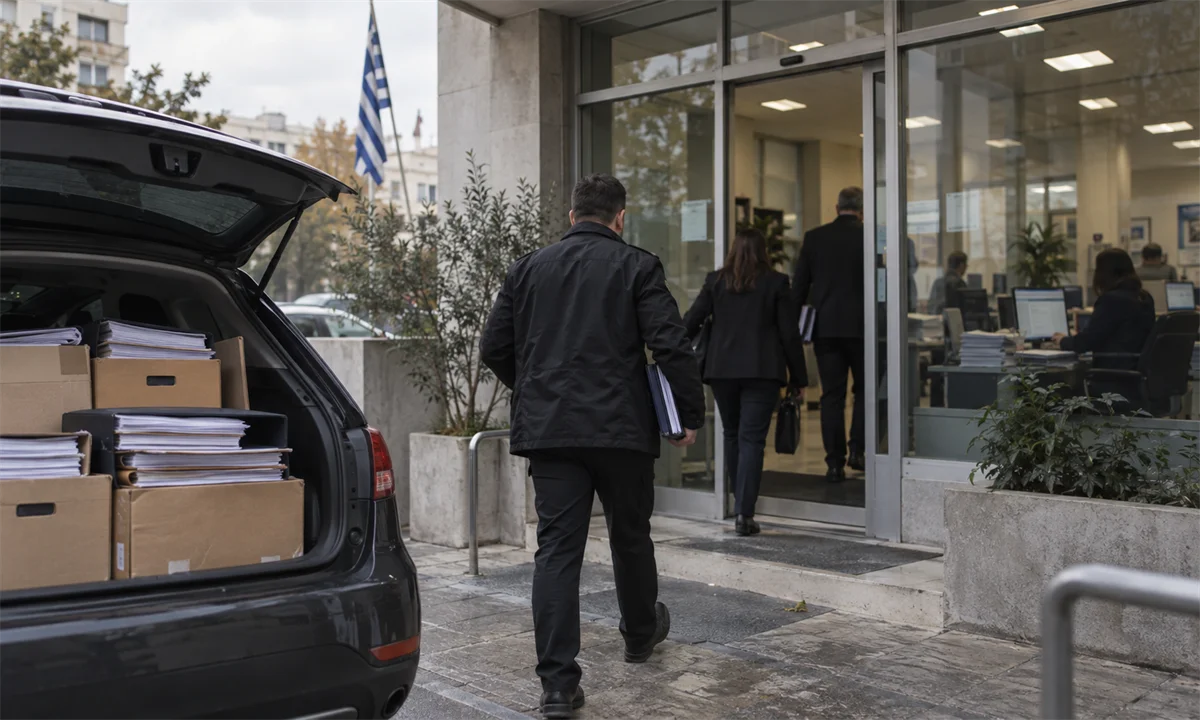 Έγγραφα και φάκελοι σε υπηρεσία ελέγχου για υπόθεση μεγάλης οικονομικής απάτης.