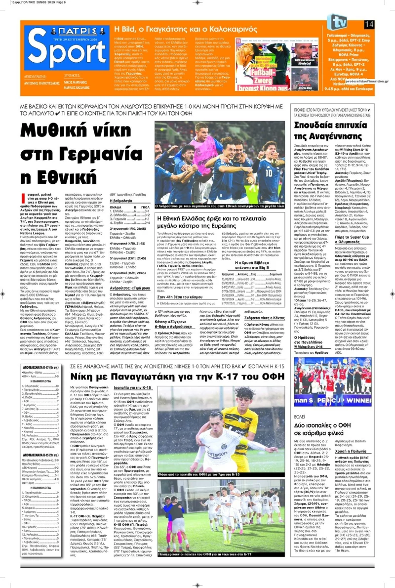 Πρωτοσέλιδα αθλητικών εφημερίδων Τρίτη 29 Σεπτεμβρίου 2026