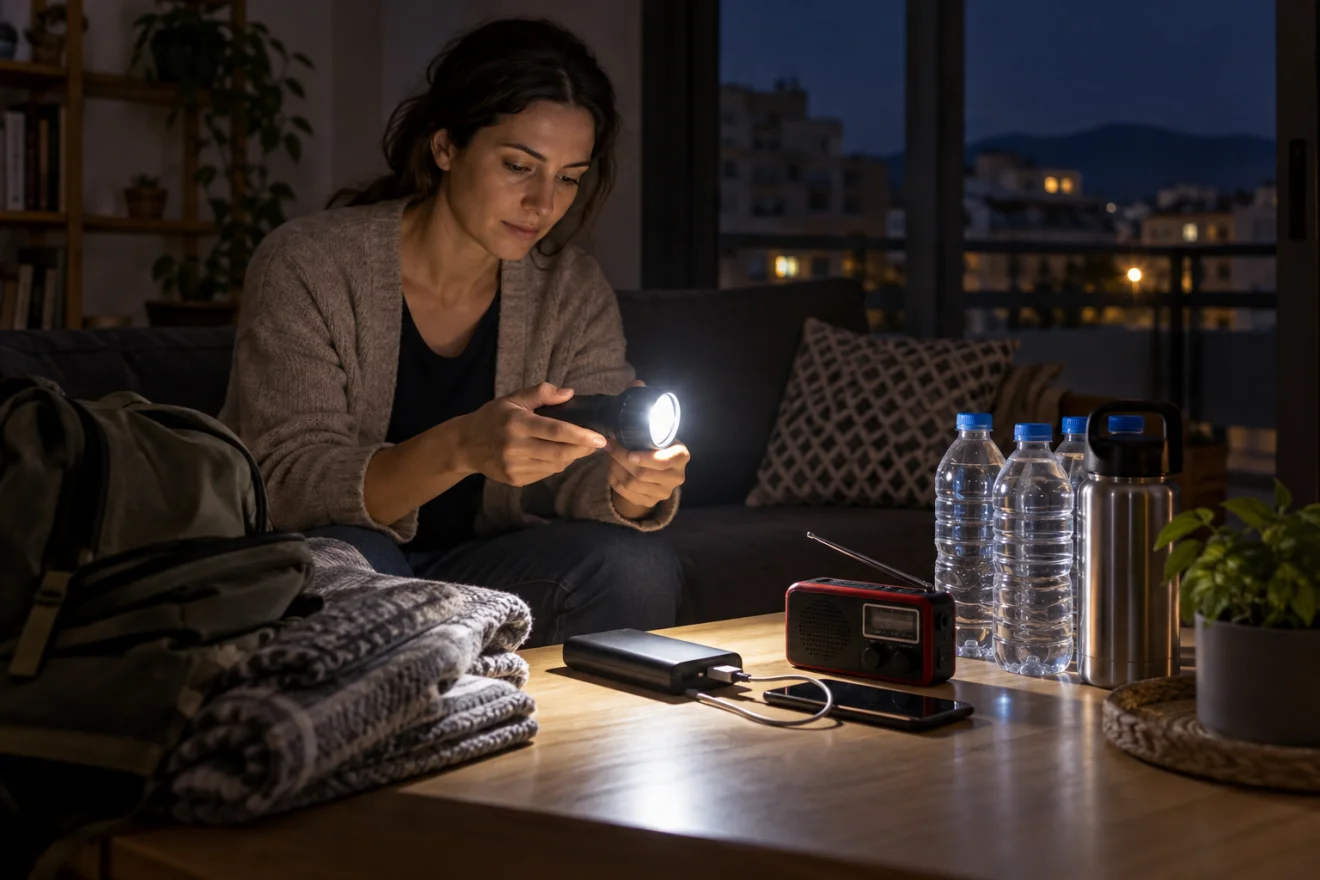 Γυναίκα ελέγχει φακό, power bank, ραδιόφωνο και νερό για πιθανή διακοπή ρεύματος στο σπίτι.