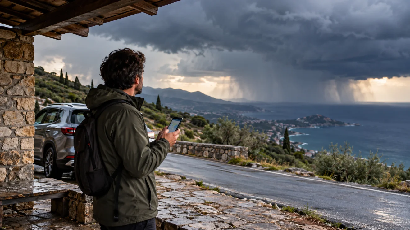 Αυτοκίνητο σταματημένο με ασφάλεια καθώς ο ταξιδιώτης ελέγχει την καταιγίδα και τις συνθήκες της διαδρομής.