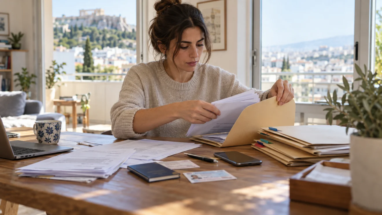 Γυναίκα ταξινομεί έγγραφα σε φακέλους πάνω στο γραφείο για να οργανώσει μια προθεσμία.