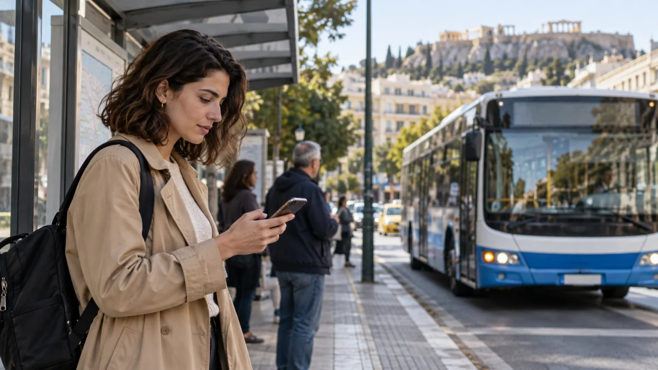 Ταξιδιώτισσα ελέγχει στο κινητό την αλλαγή δρομολογίου ενώ περιμένει σε στάση λεωφορείου.