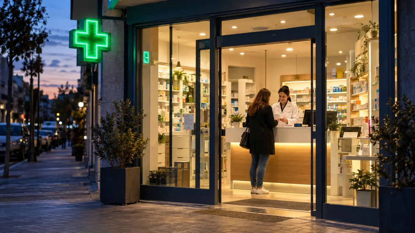 Φαρμακοποιός εξυπηρετεί πελάτισσα σε εφημερεύον φαρμακείο το βράδυ, με φωτεινό σταυρό στην είσοδο.