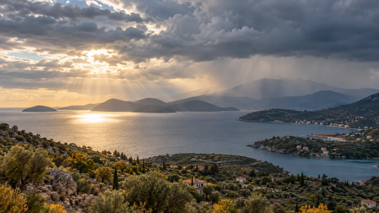 Γενική εικόνα συννεφιασμένου ουρανού και τοπικής βροχής σε ελληνικό τοπίο.
