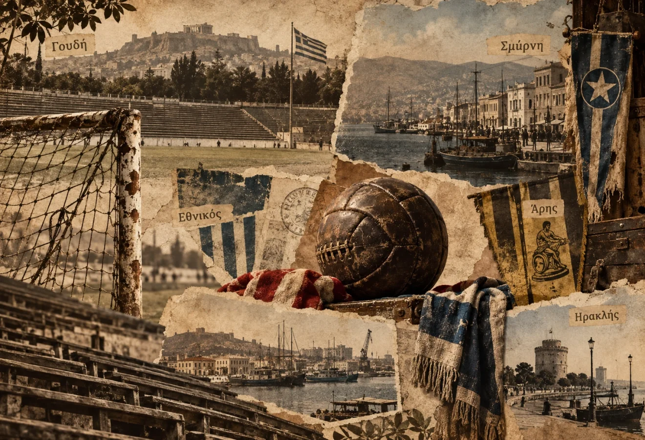 Vintage εικαστικό κολάζ αφιερωμένο στις παλιές ποδοσφαιρικές αντιπαλότητες στην Ελλάδα, με δερμάτινη μπάλα, παλιές κερκίδες, ιστορικά λιμάνια και αναφορές στο Γουδή, τον Εθνικό, τον Άρη, τον Ηρακλή και τη Σμύρνη.