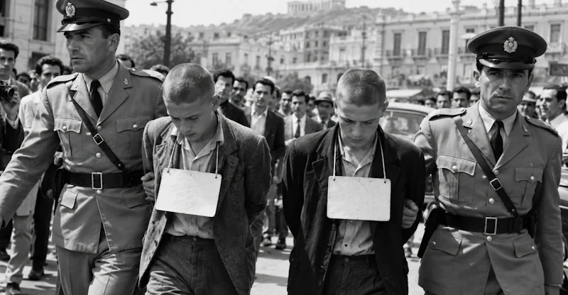 Καλλιτεχνική αναπαράσταση της διαπόμπευσης των «τεντιμπόηδων» το 1958, δημιουργημένη με τεχνητή νοημοσύνη (AI). Δεν αποτελεί αυθεντική ιστορική φωτογραφία.