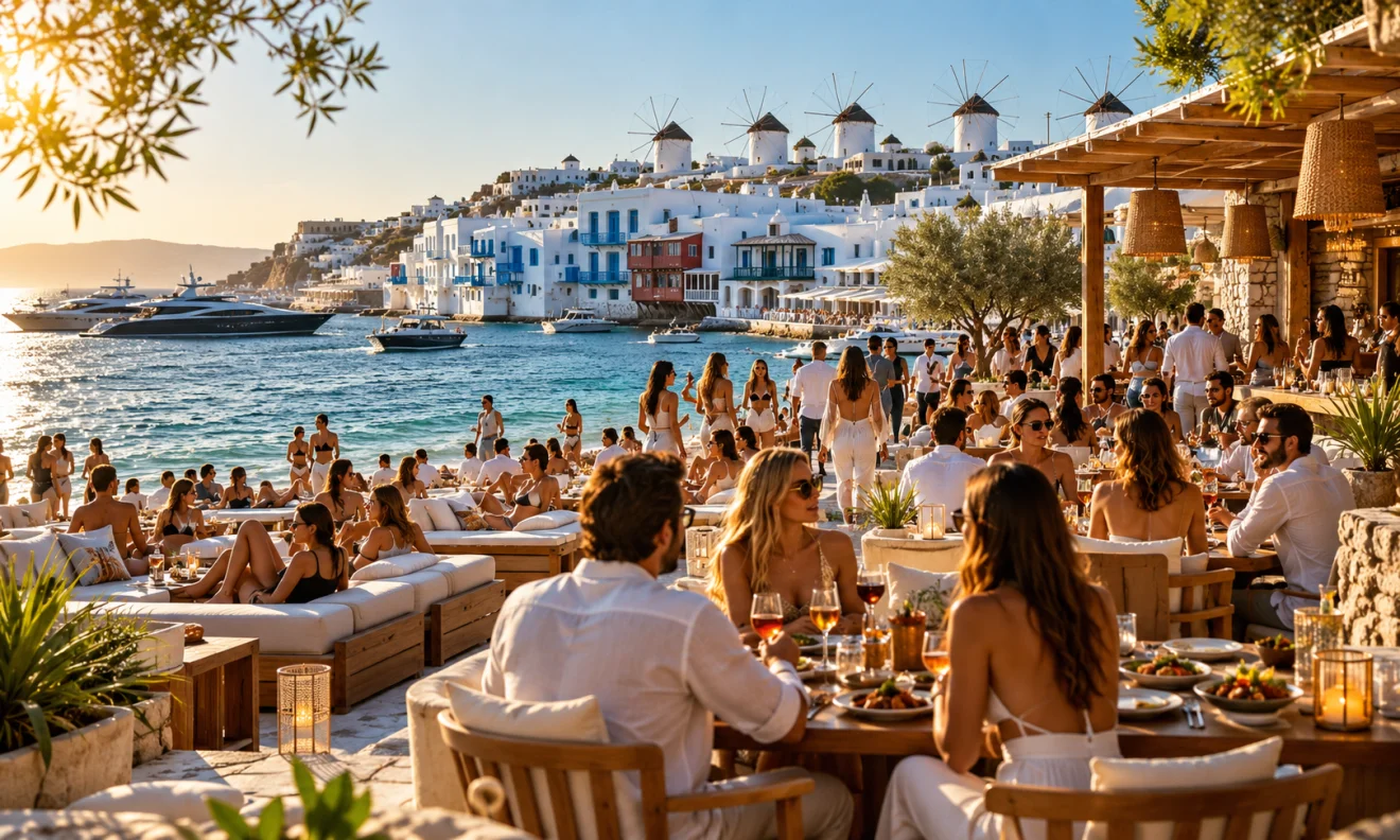 Πολυτελές παραθαλάσσιο εστιατόριο στη Μύκονο, γεμάτο επισκέπτες, με εντυπωσιακά γιοτ, κοσμοπολίτικη ατμόσφαιρα και τους χαρακτηριστικούς ανεμόμυλους στο φόντο. Πηγή: Sportime.gr
