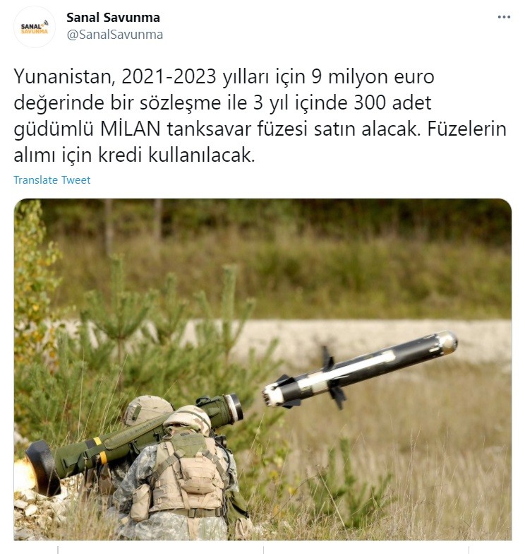  Ελληνοτουρκικά: Οι Τούρκοι ανησυχούν για τους 300 MILAN της Ελλάδας στον Έβρο, μετά τον διαγωνισμό που προκήρυξε το ελληνικό ΥΠΕΘΑ.