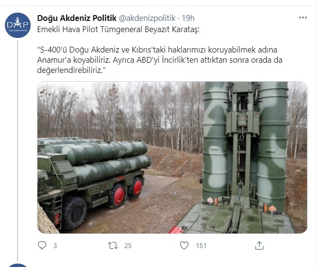 Τούρκοι: Οι S-400 απέναντι από την Κύπρο ώστε να ελέγχουμε την Αν. Μεσόγειο, υποστηρίζει ο Τούρκος ταξίαρχος ε.α. Μπαγιαζίτ Καρατάς.