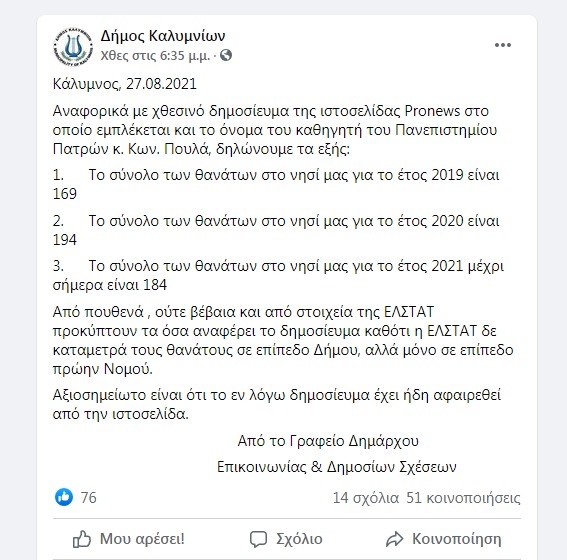 Κορονοϊός – Εμβόλια: Ραγδαία αύξηση των αιφνίδιων θανάτων στην Κάλυμνο φέρεται ότι είχει καταγγείλει ο Κωνσταντίνος Αρβανίτης.
