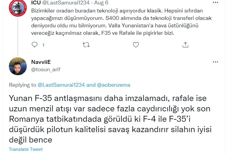 Τούρκοι: Σε άσκηση στην Ρουμανία καταρρίψαμε F-35, δεν θα έχουμε θέμα με τα ελληνικά Rafale υποστηρίζουν χρήστες του διαδικτύου στην Τουρκία.
