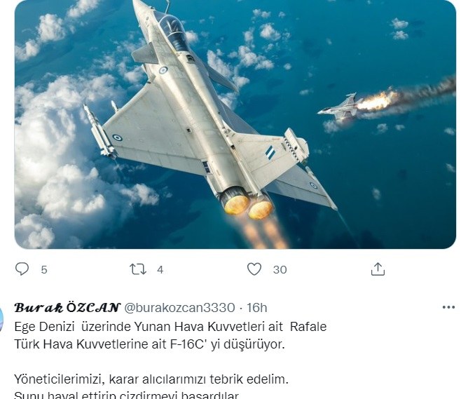 Rafale: Σοκάρει την Τουρκία εικονογράφηση που απεικονίζει την κατάρριψη ενός τουρκικού F-16 από ένα ελληνικό μαχητικό, πάνω από το Αιγαίο.