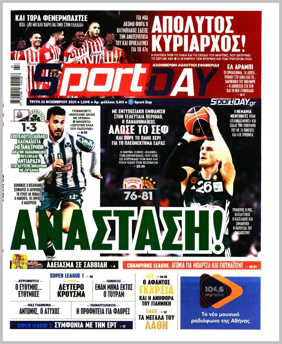 Πρωτοσέλιδα αθλητικών εφημερίδων για την Τρίτη 23 Νοεμβρίου 2021. Τι αναφέρουν στη… βιτρίνα τους οι εφημερίδες σε Αθήνα και Θεσσαλονίκη.