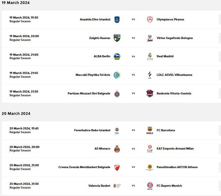 Το πρόγραμμα της 30ης αγωνιστικής της Euroleague