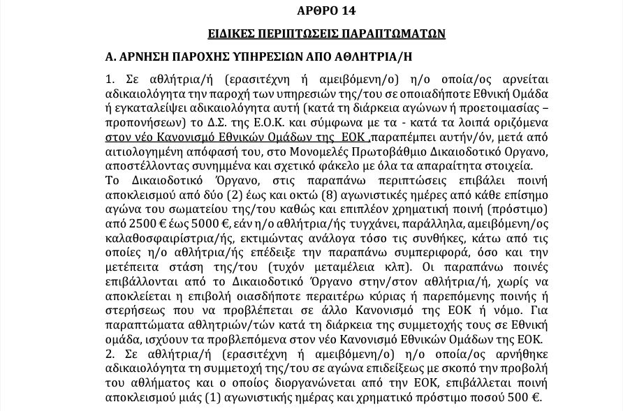 Αναλυτικά τι ποινές προβλέπονται από την ΕΟΚ στην άρνηση παροχής υπηρεσιών από αθλητή σε Εθνική ομάδα