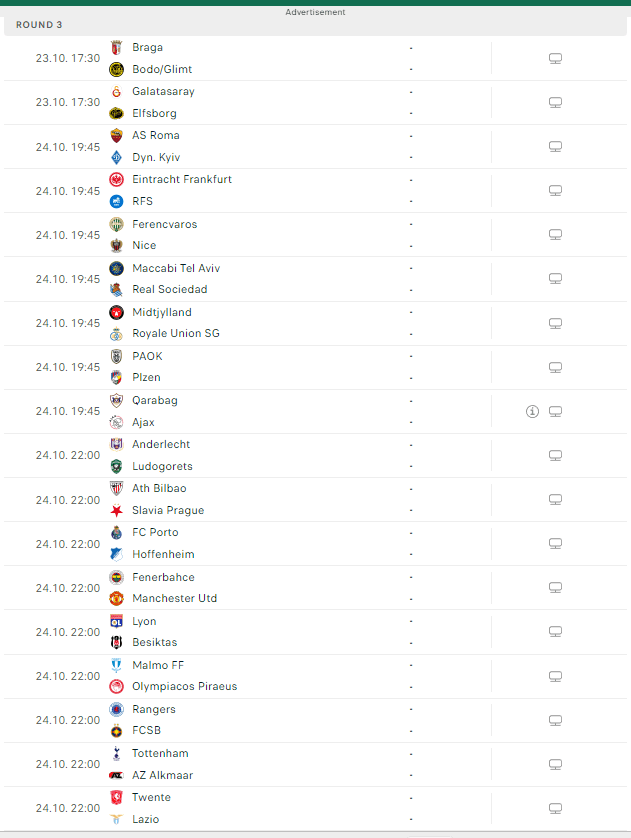 Το πρόγραμμα της 3ης αγωνιστικής στο Europa League