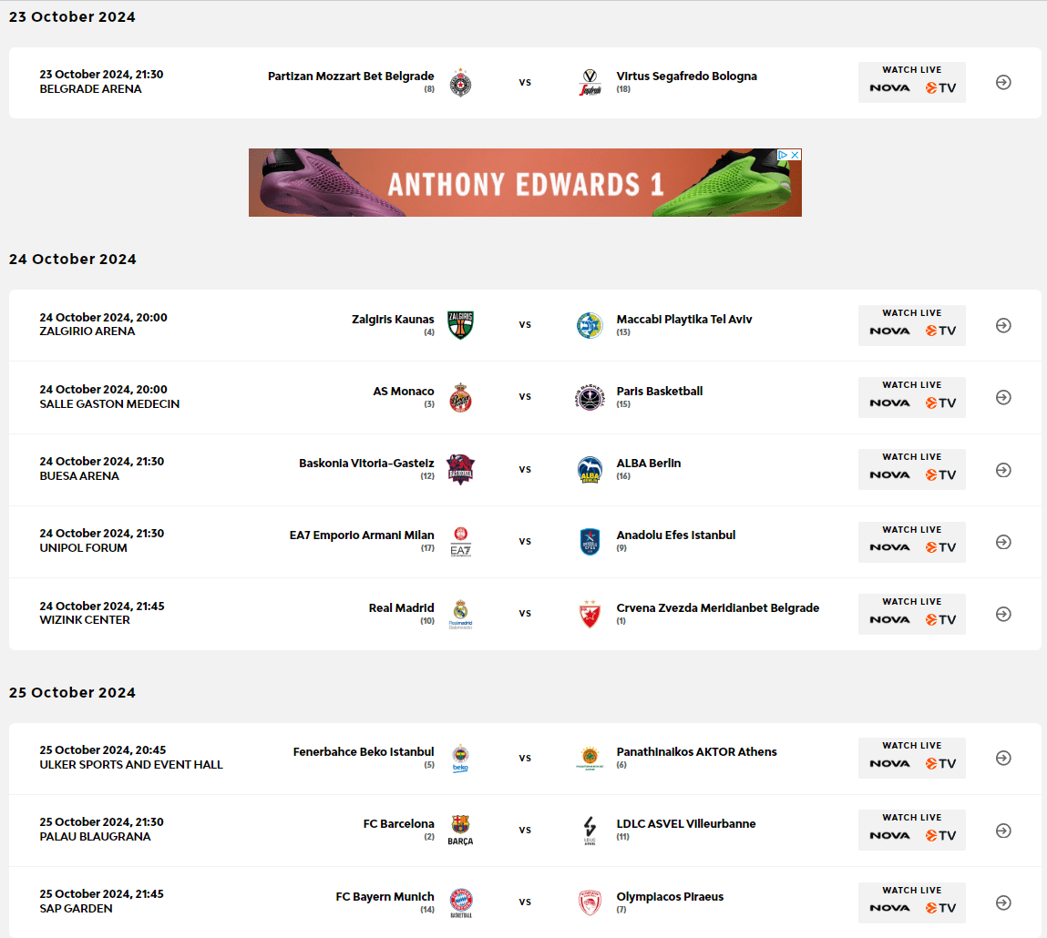 Η επόμενη αγωνιστική της Euroleague (5η)