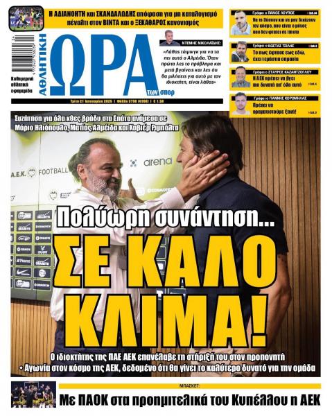 Πρωτοσέλιδα αθλητικών εφημερίδων για την Τρίτη 21 Ιανουαρίου 2025