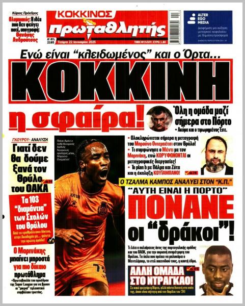 Πρωτοσέλιδα αθλητικών εφημερίδων για την Τετάρτη 22 Ιανουαρίου 2025
