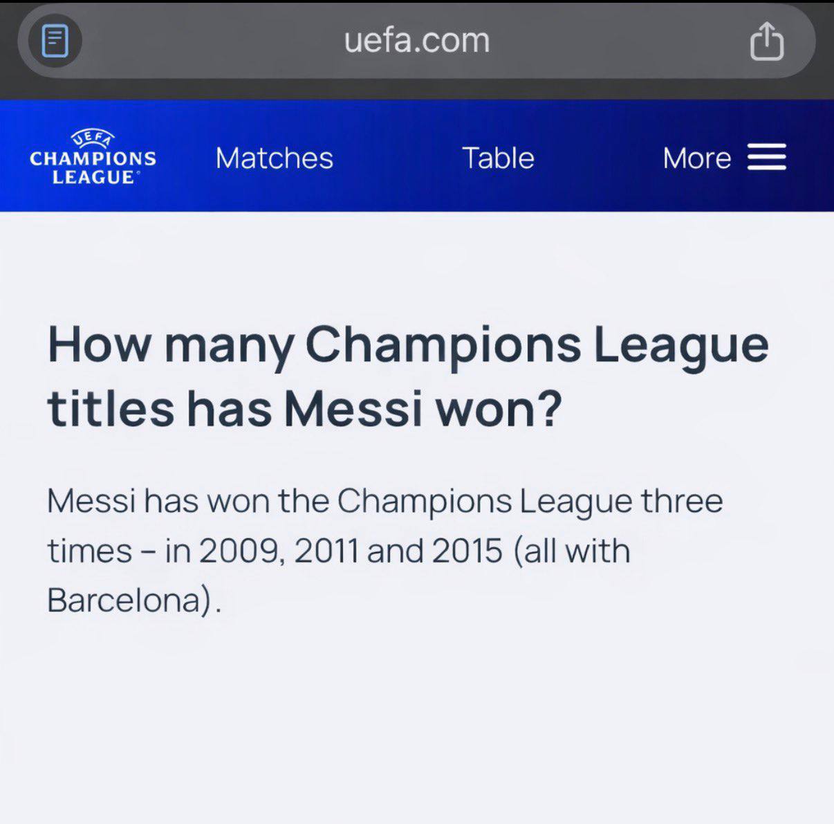 η σελίδα της UEFA με τους 3 τίτλους