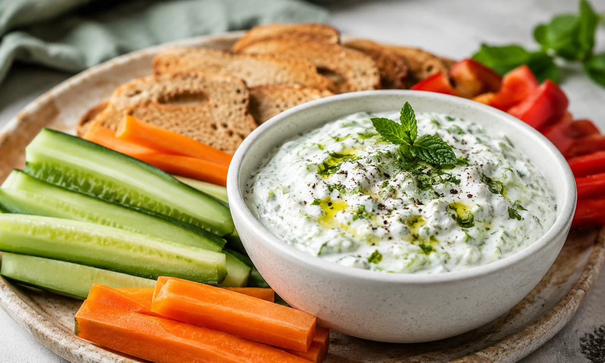 Μπολ με δροσερό dip από cottage cheese, τριμμένο αγγούρι, δυόσμο και λεμόνι, σερβιρισμένο με στικς αγγουριού, καρότου και πιπεριάς.